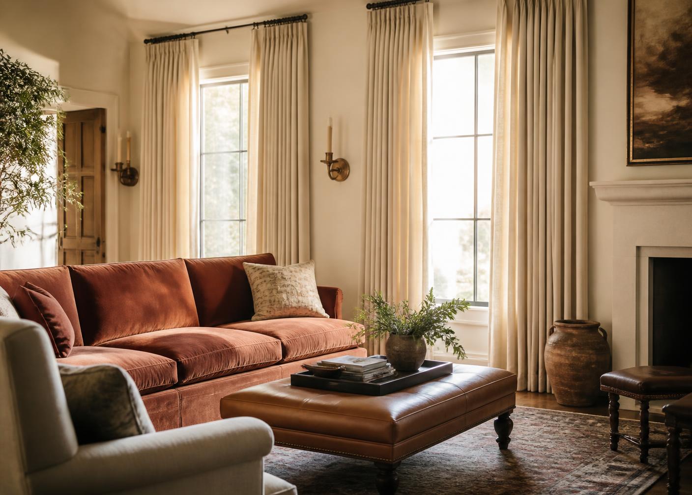 Living room with cream linen drapery, rust velvet sofa and leather ottoman