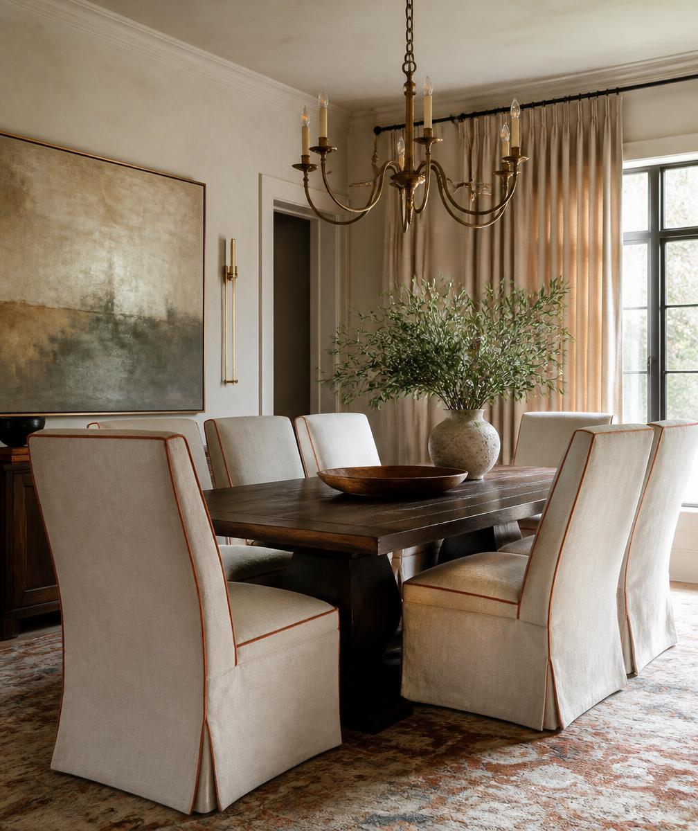 Dining room with custom upholstered chairs and brass chandelier