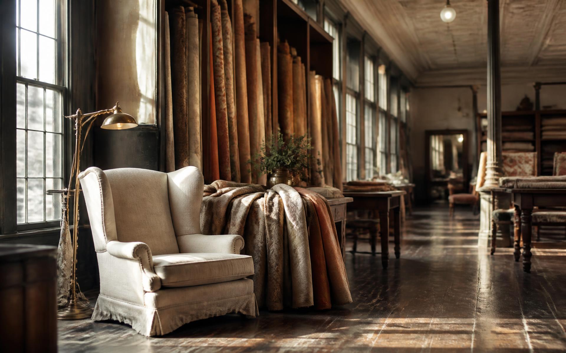 The J&D Interiors showroom in Fort Worth, lined with bolts of decorative fabric