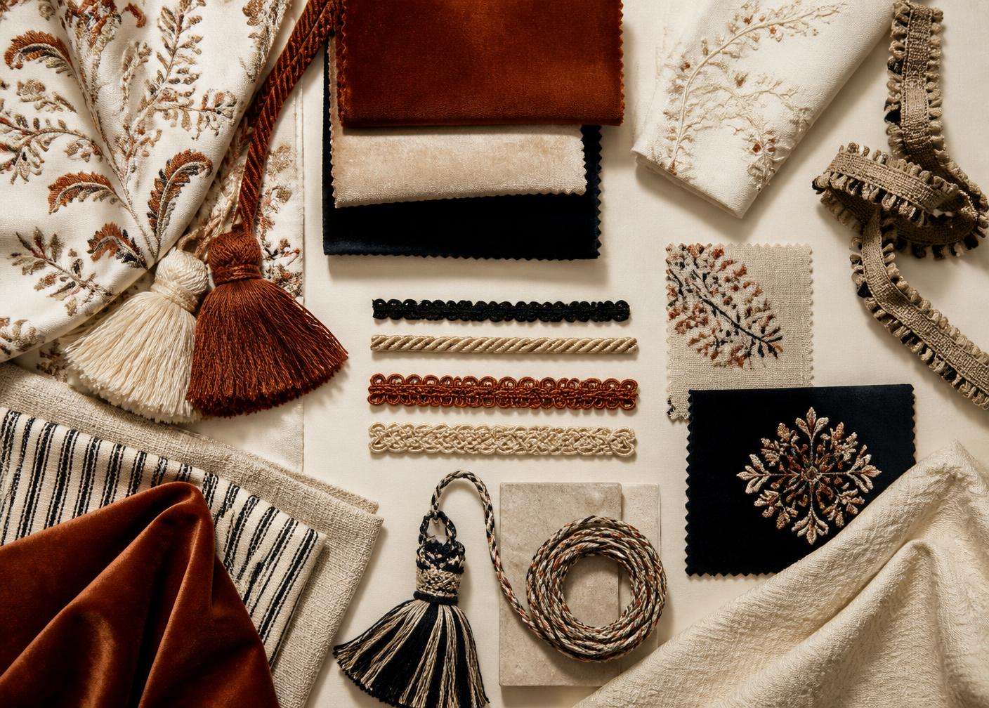 Flat lay of velvet, linen and embroidered fabric swatches with tassels and trim